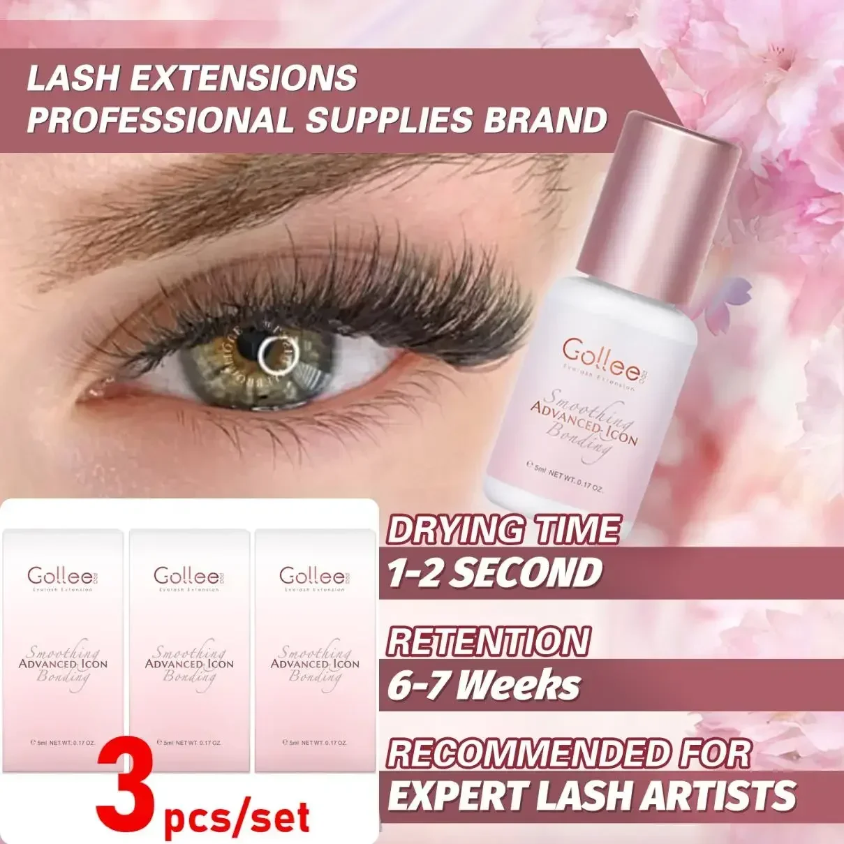 3pcs Gollee Transparent Eyelash Extension Glue for Color or Black False Lash Adhesive Eyebrow Pink Clear Eyelash Extension Glue