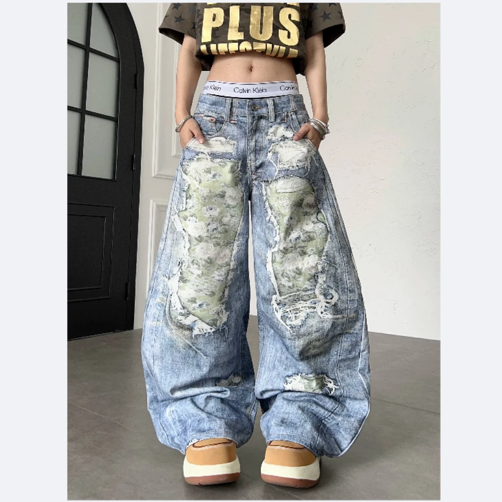 

American Fashion 3d Printed Distressed Patchwork Floral Denim Wide-leg Culottes Pants for Women, Jeans Trend