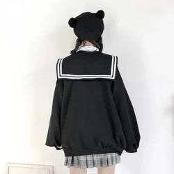 Kawaii Navy Zip Up Hoodie Black Sailor Collar Sweatshirt British Style Lolita Coat Long Sleeve Cute Tops Soft Girl Kpop