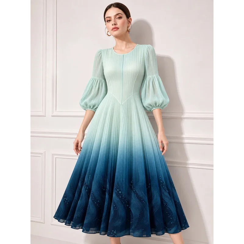 Miyake Pleated Round Neck Puff Sleeve Printed Dress Floral Pattern Women's Vacation Lightweight Stretchy Clothing Vestidos