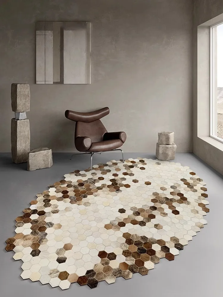 American Luxury Genuine Cowhide Carpet for Living Room Handmade Fur Patchwork Rug Irregular Oval Carpet for Bedroom Cow Hide Mat