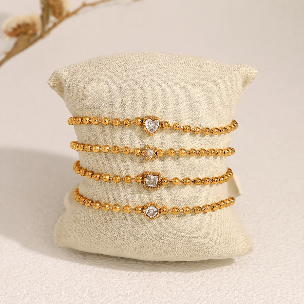 WILD & FREE Trendy Stainless Steel Beads Bracelets for Women Luxury Geometric Heart Star Crystal 18K Gold Plated Jewelry