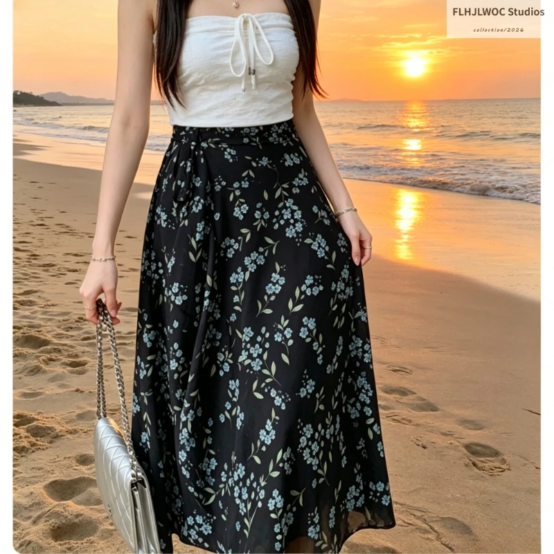 Chiffon Floral Print Wrap Up Chic Women Cute Girls Robe Holiday Beach Date High Waist Retro Vintage One-Piece Lace-Up Skirts