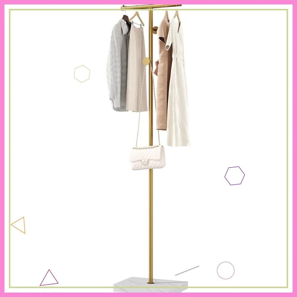 

Freestanding Metal Coat Rack, T-Shape Clothes Hat Stand with 2 Hooks for Closet, Bedroom, Entryway, Living Room in Gold
