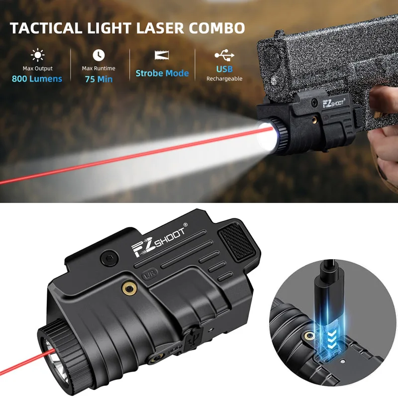 

Tactical Laser Light Combo Picatinny Pistol Powerful Flashlight Red Laser 800 Lumens Lightweight Compact Rechargeable
