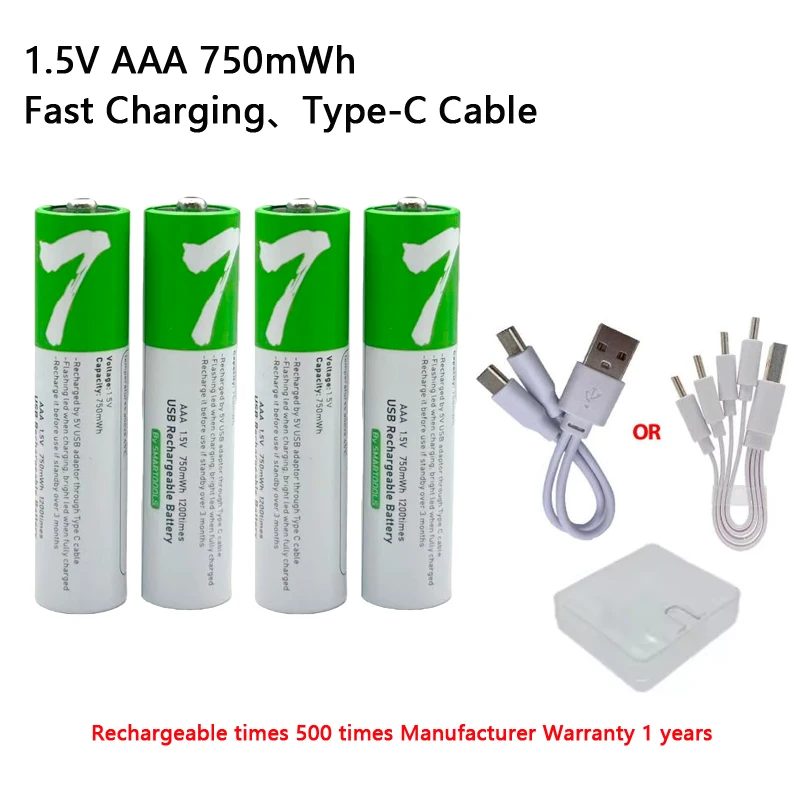 

1.5V AAA Lithium Rechargeable Battery 750mWh Fast Charge with Type-C Cable for Remote Control Flashlight MP3 Alarm Clock