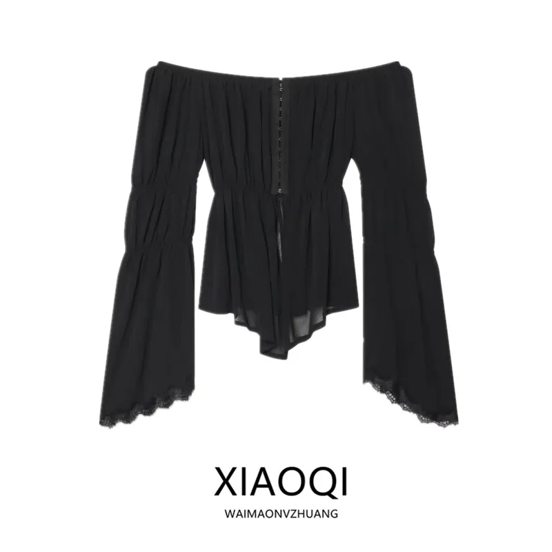 Summer 2026 Women's Long Sleeve Lace Splice Shoulder Bared One Shoulder Top Fashion European Style Slim Fit Back Design