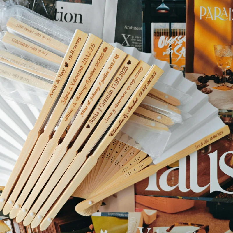 Abanicos de papel blanco personalizados con bolsa de organza, abanicos de boda grabados a medida, recuerdo de fiesta, accesorio para despedida de soltera, regalos para invitados
