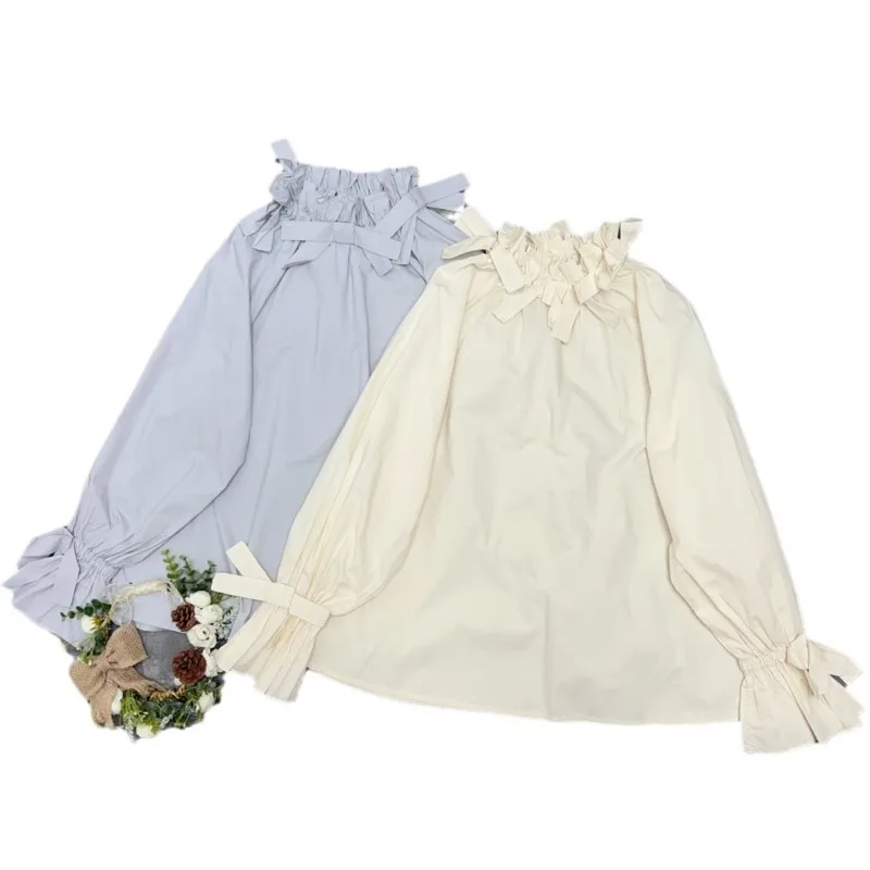 Johnature New Bow Neckline Elasticated Long-sleeved Shirt Japanese Mori Girl Balloon Sleeve Autumn Loose Pleated Tops 2024