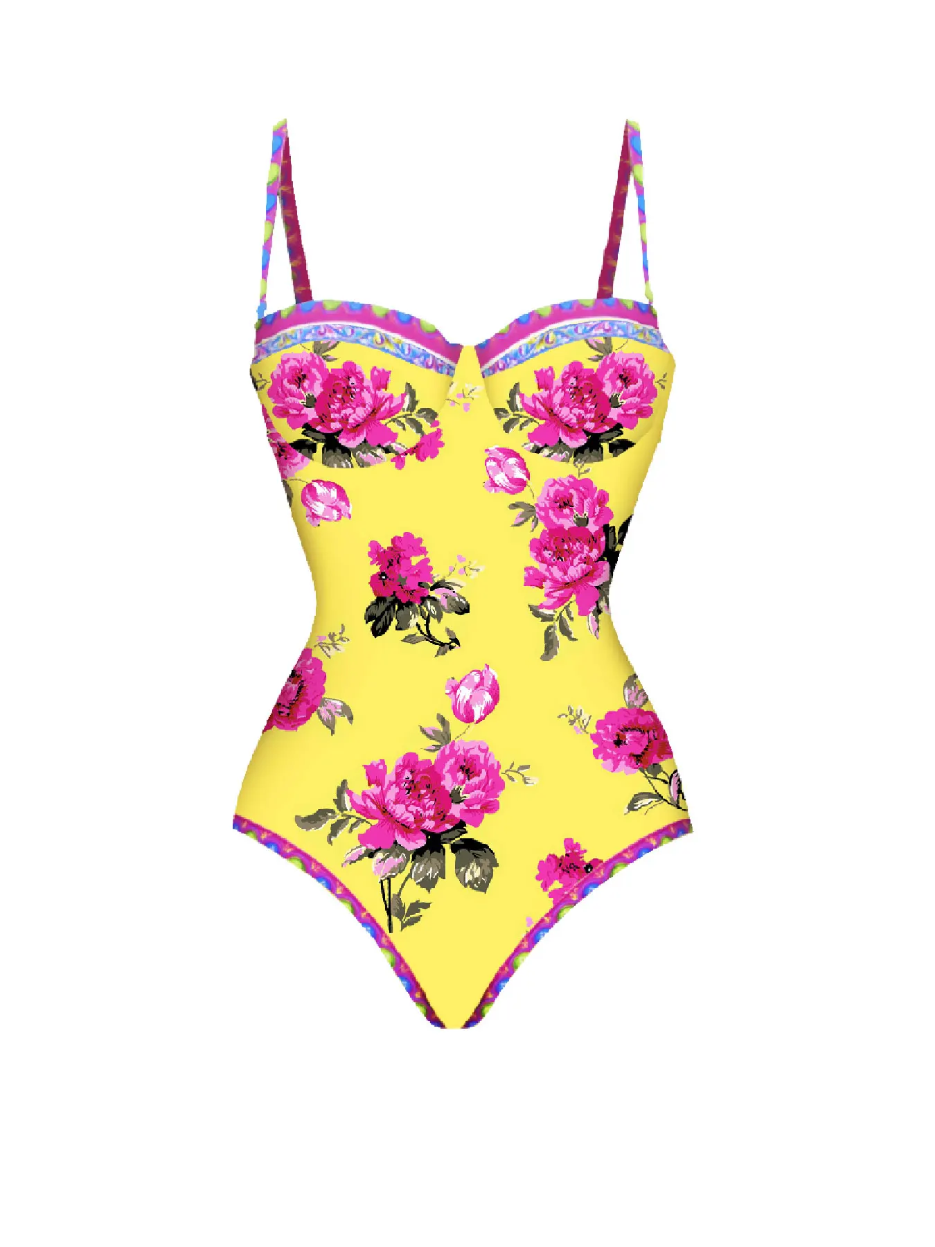 2025 Vibrant Yellow Floral One-Piece Swimsuit – Pink Peony Print Perfect for Beach & Resort Evening Parties Women's Swimsuit