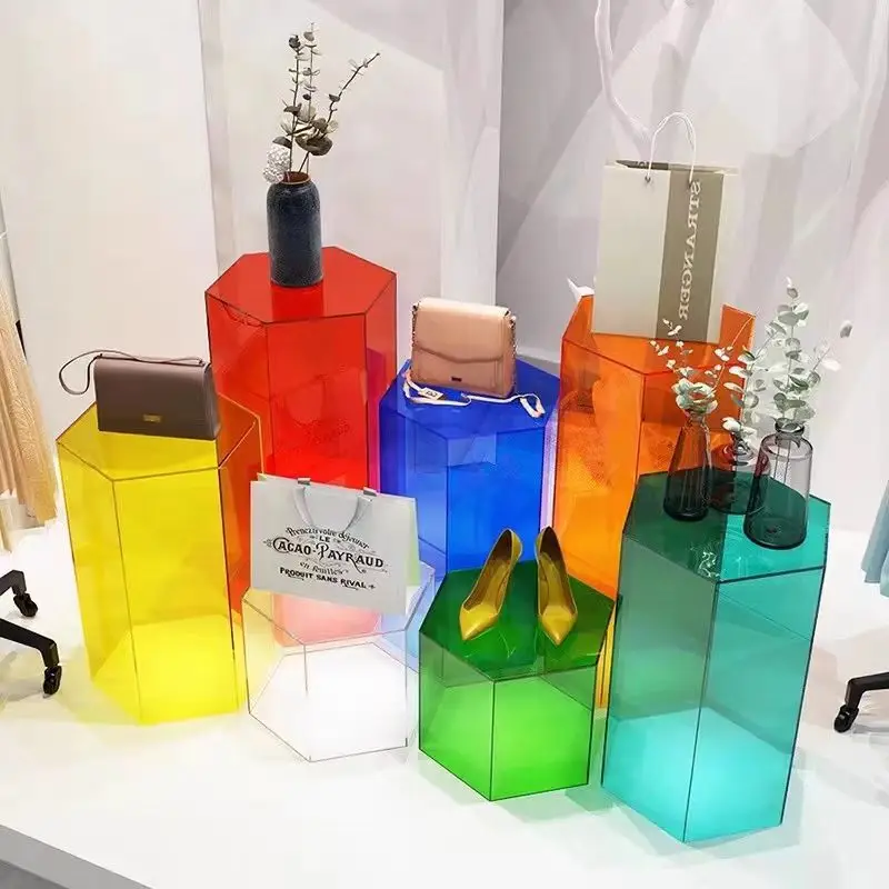 sF-Colorful Acrylic Shoes Bags Display Stand Modern Square & round Design for Clothing Store Workshop for Island Booth Storage#