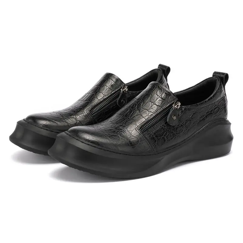 Luxury Fashion Thick Soled Platform Shoes Men Loafers Genuine Leather Zipper Height Increasing Outdoor Sport Leather Shoes Male