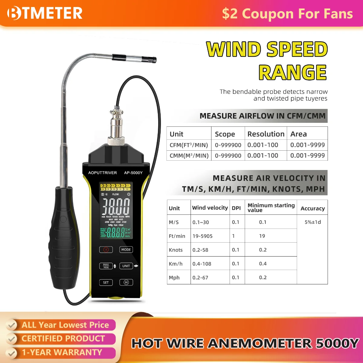 

BTMETER Hot Wire Anemometer with Retractable Sensor, Wind Speed Airflow Meter, 0.1-30m/s,for HVAC /Environmental Testing