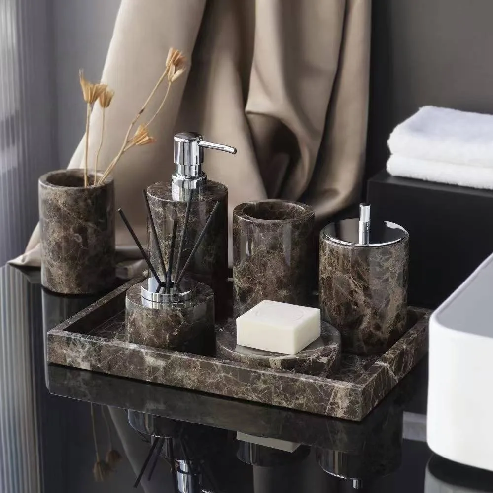 Emperador Dark Natural Marble Bathroom Accessories Luxury Soap Dispenser Soap Dish Reed diffuser Bathroom Set