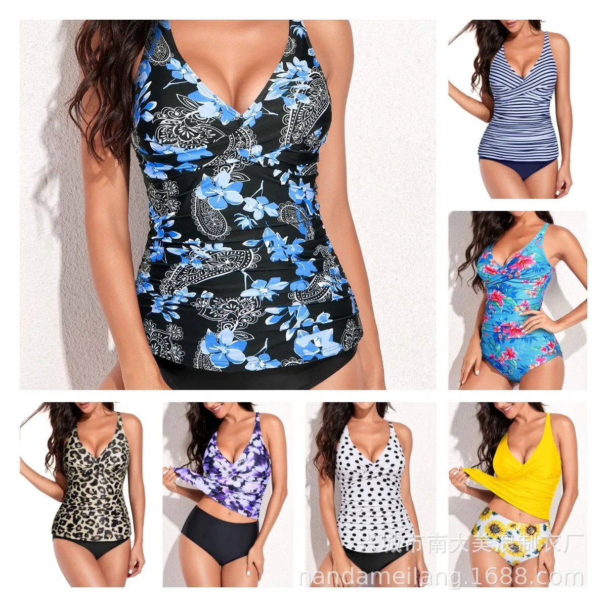 Traje de Baño Tankini para Mujer, Top sin Mangas con Cuello en V, Estampado Floral, Cintura Fruncida, Vestido de Baño Azul Marino, Tankini Bandeau de Cintura Alta
