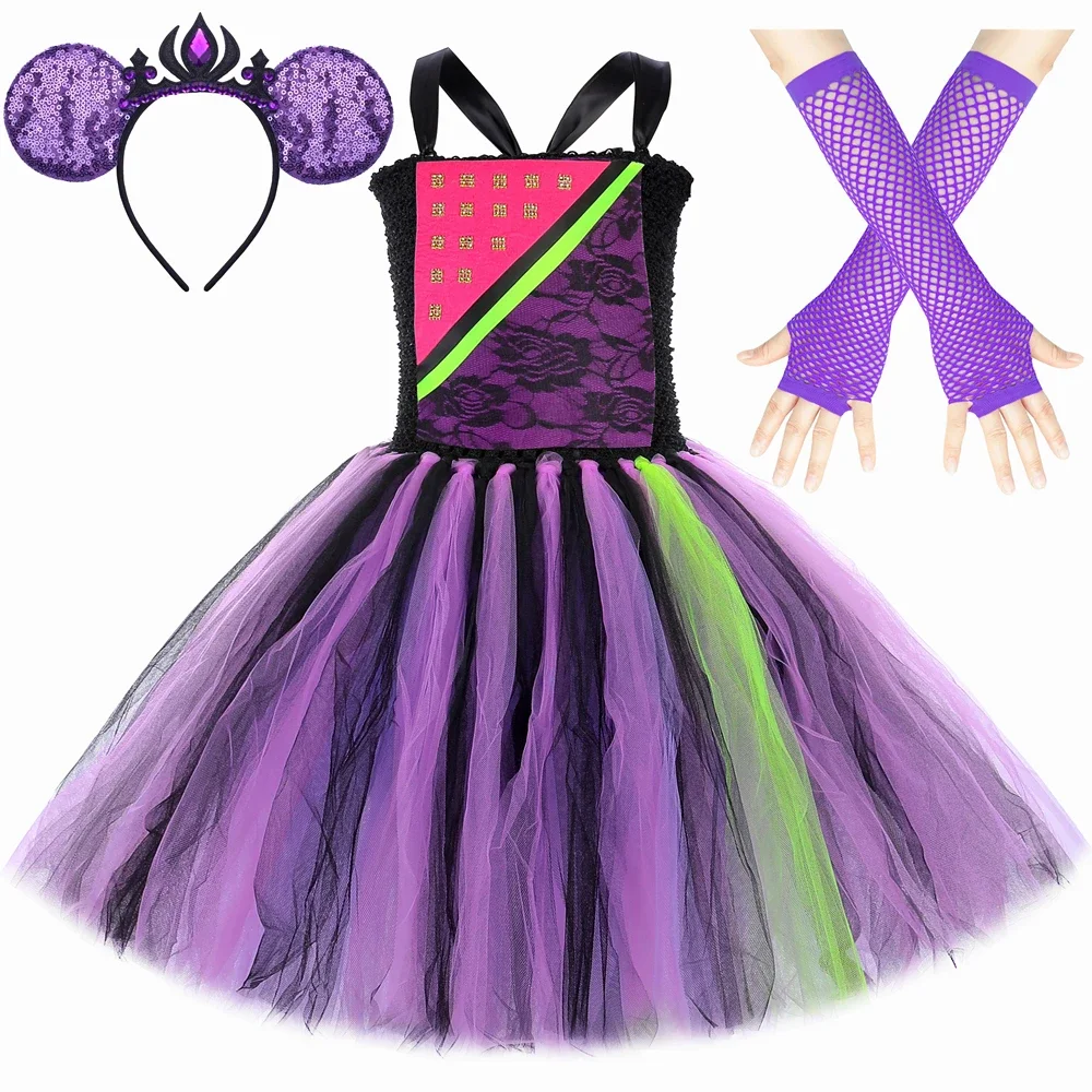 

Mal Descendants 3 Costume Girls Carnival Party Tutu Princess Dresses Set Halloween Costume for Kids Clothes with Headband Sleeve