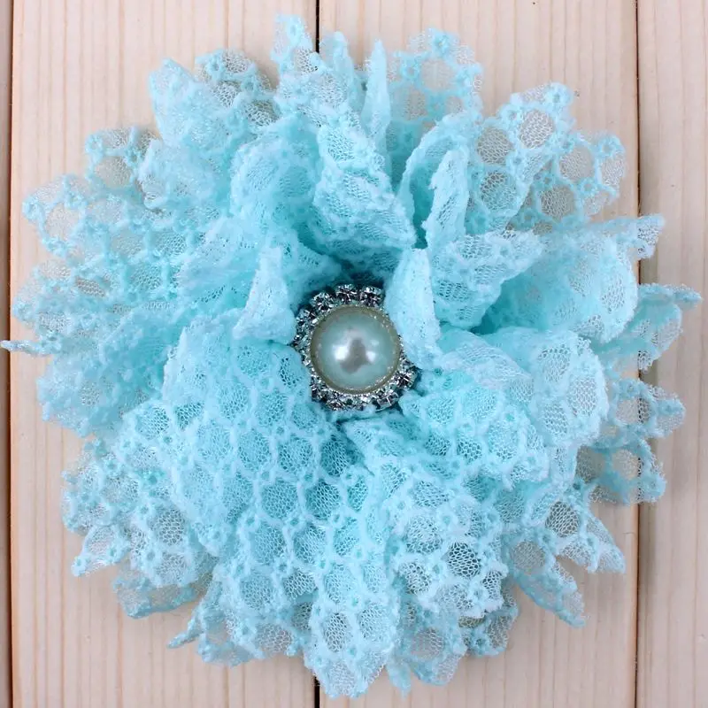 4 "14 colores recién llegado DIY elegante tela de encaje desgastado flores con botón de perla brillante para decoración de boda