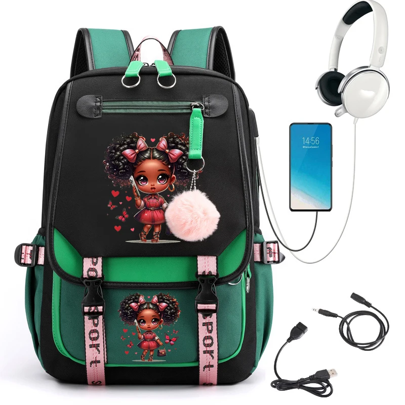 Chibi schwarz Mädchen drucken Mädchen Schule Rucksack Tasche niedlichen Schult aschen für Schüler Teenager Bücher tasche Laptop Rucksack USB-Aufladung Mochila