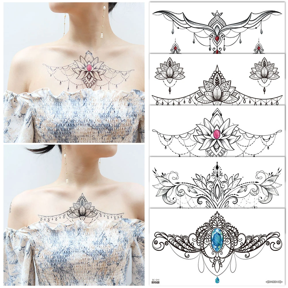 VeeCharm - Chic Sexy Flower Temporary Tattoo Stickers,Decal for Chest,Collarbone,Attractive Body Art for Women,1/11/22 Sheet