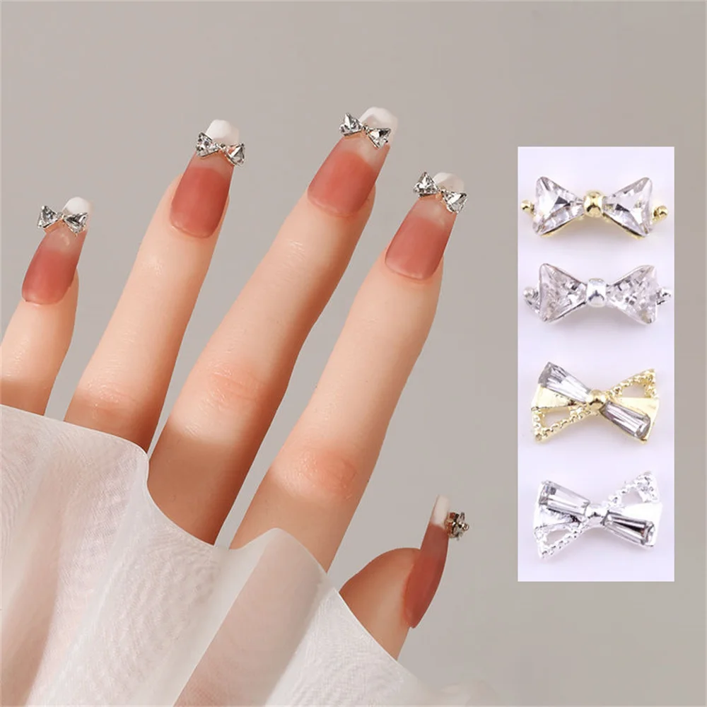 

10Pcs Bowtie Nail Alloy Charms Shinny Gold Silver Bow Designer Charms Nails Luxury Rhinestones Metal 3D Manicure Crystal Diamond