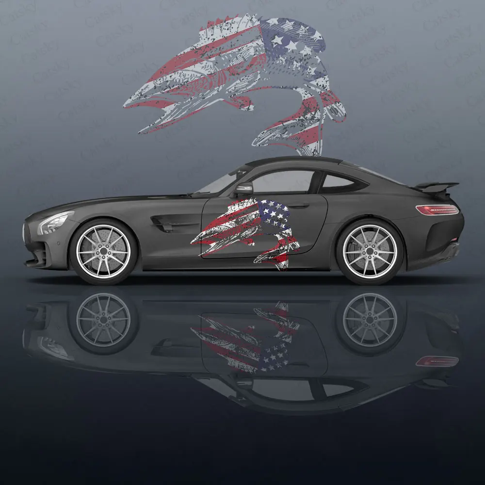 

American Flag Fish Wave Car Vinyl Wraps Decal Self-adhesive PVC Sticker Suitable for Trucks SUV Decoration Auto Accessories Gift