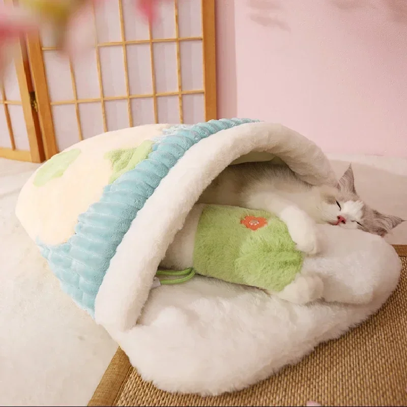 Japanese Sakura Warm Cat Bed Cat Sleeping Bag Deep Sleep Winter Dog House Cats Nest Cushion With Pillow Removable Pet Products