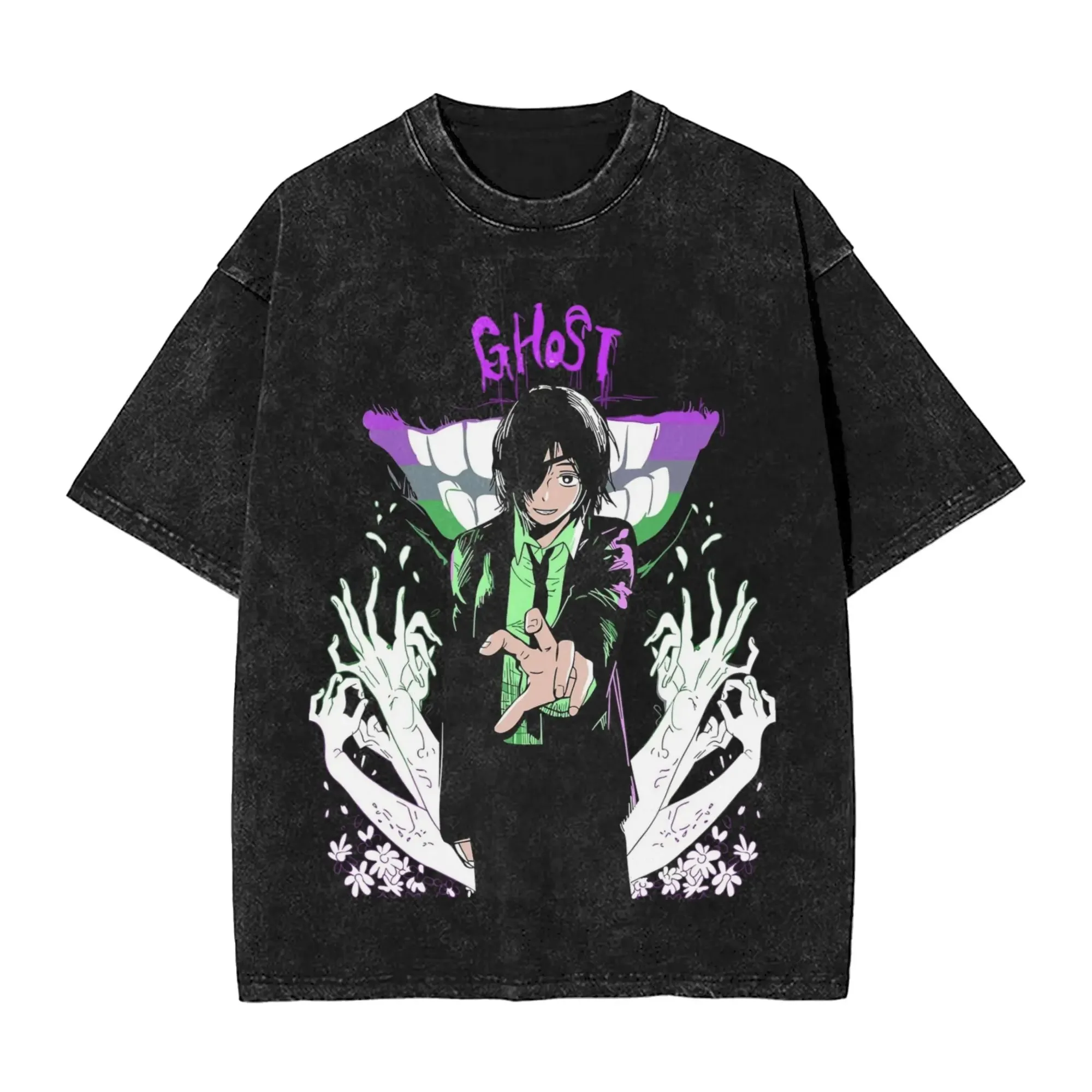 

Футболка унисекс Chainsaw Man Ghost Reze 2026 летняя, хлопковая, винтажная, с эффектом потертости, оверсайз, уличный стиль, с аниме-принтом Ghost