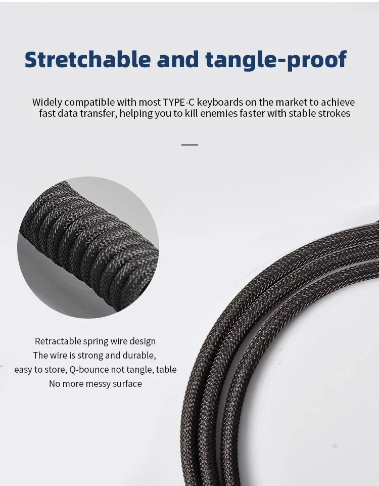 Type C USB Aviator Coiling Cable for Gaming Desktop Mechanical Keyboard with Durable Spring Design for Data Power Transfer