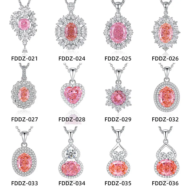 S925Pure silver ice-cut colored zircon diamond pink padparadscha necklace for women, collarbone chain wholesale