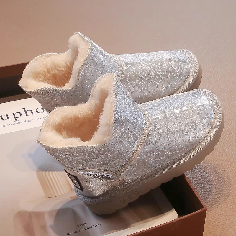 Girls Snow Boots Size 26-36 Pink Padded Thickened Warm Cotton Shoes Winter Lightweight Non-slip Children's Short Leather Boots