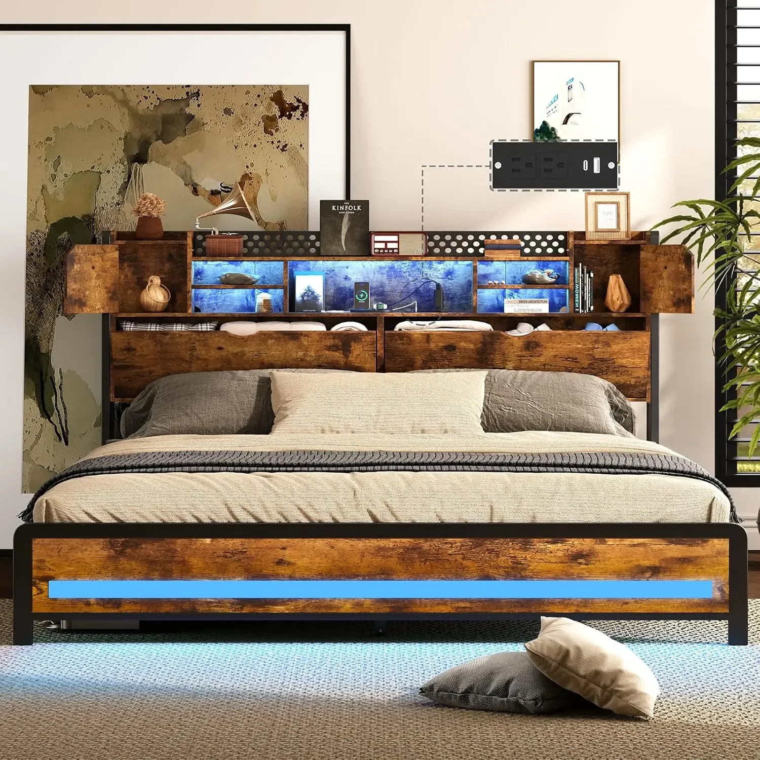 King size Bed Frame with Charging Station(Type-C & USB ports), Adjustable RGB LED light