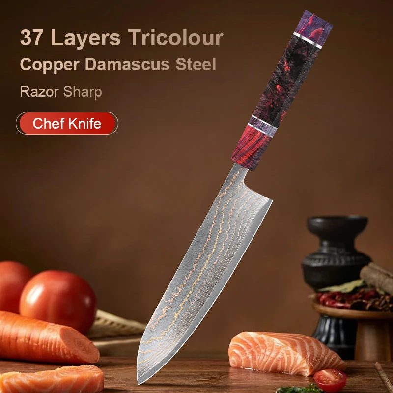 

8" Handmade Chef Knife 37 Layers Tricolour Copper Damascus Steel Razor Sharp chef Knife Stabilized Colored Wood Handle