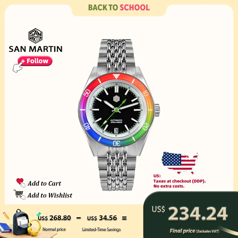 

San Martin, оригинальный дизайн, 39,5 мм, модные мужские часы для дайвинга, сапфировый Радужный безель, механические часы, светящаяся дата, 200 м, SN0116