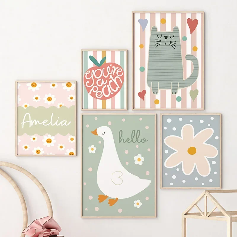 Gato De dibujos animados, pato, pájaro, manzana, nombre personalizado para bebé, cuadro sobre lienzo para pared De guardería, carteles nórdicos e impresiones, imágenes para habitación De niños