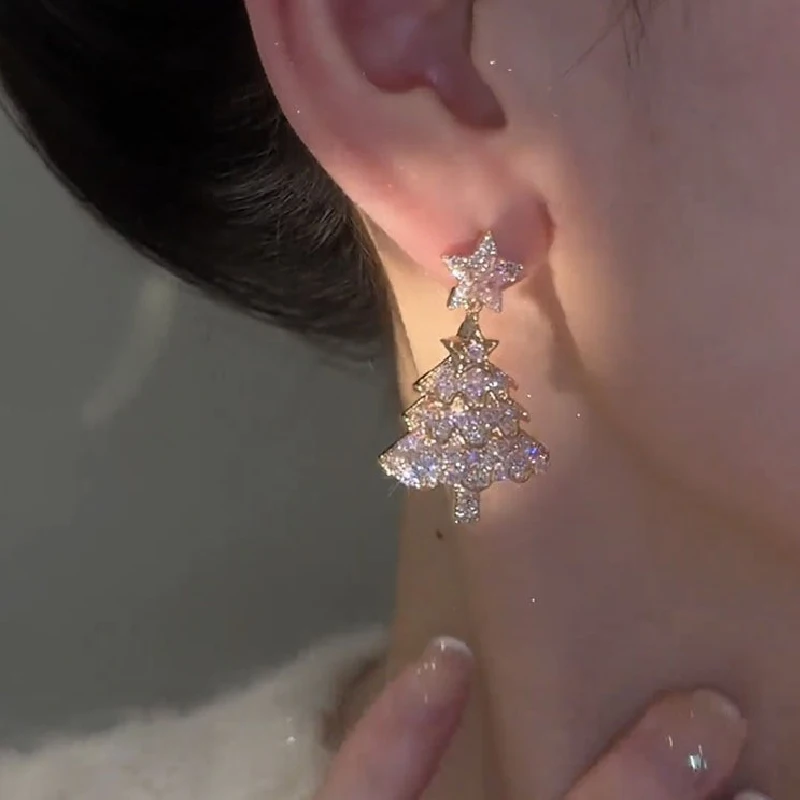 Christmas Tree Zircon Crystal Star Earrings Stud For Women Dangle  Xmas Party Fashion Jewelry Gift