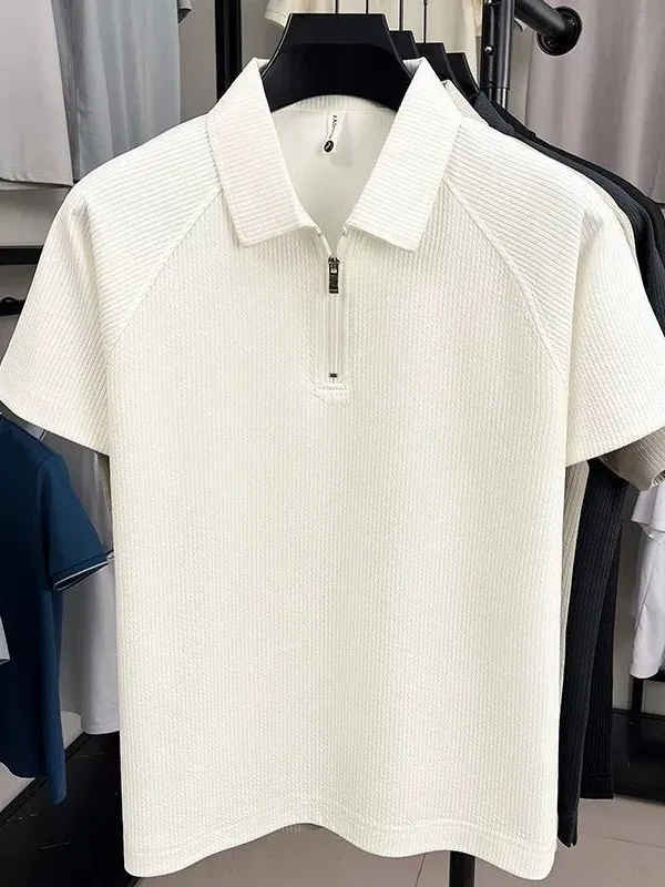 Summer Thin Half Zip Texture  Shirt Men's Short Sleeve T-Shirt Breathable Upper Apparel Regular Fit Polyester Fabric