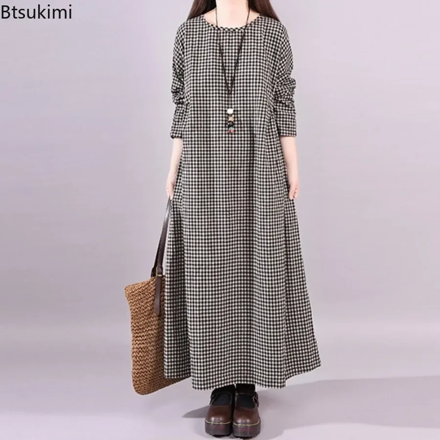 2025 Vintage Plaid Maxi Dress Women's New Cotton Linen Sundress Casual O-neck Long Sleeve Vestidos Females Check Long Skirt Robe