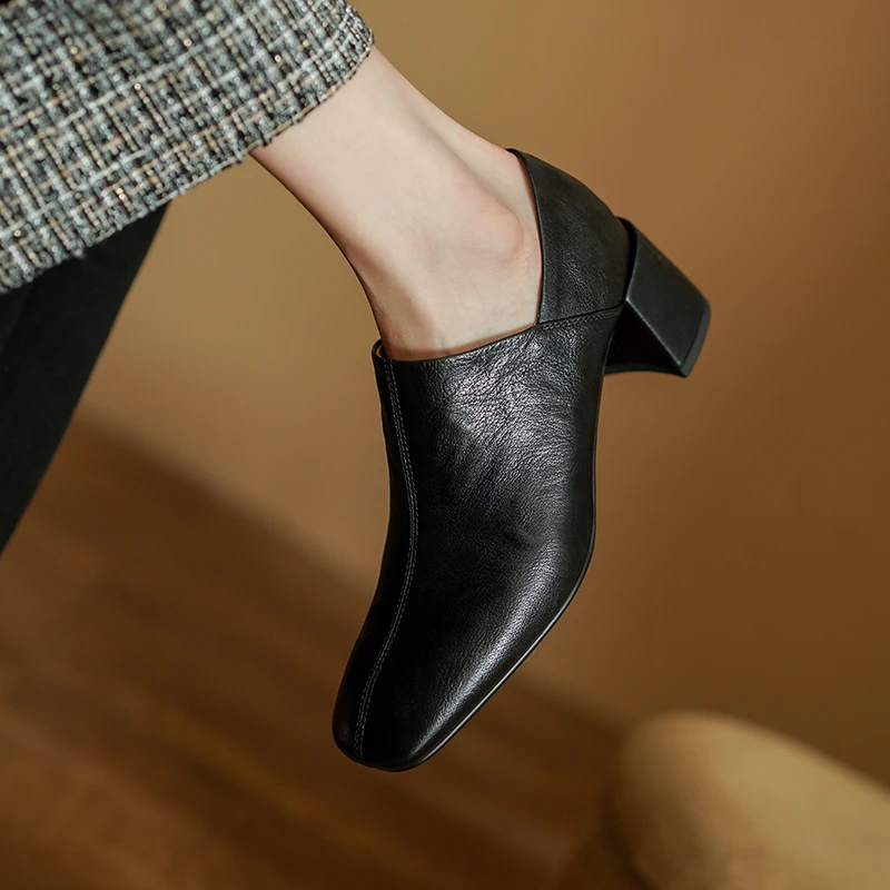 

Женские туфли-лодочки в стиле ретро, слипоны из воловьей кожи, женские туфли-лодочки с квадратным носком во французском стиле, женская обувь на толстом квадратном каблуке 5,5 см, весенне-осенние туфли на толстом квадратном каблуке