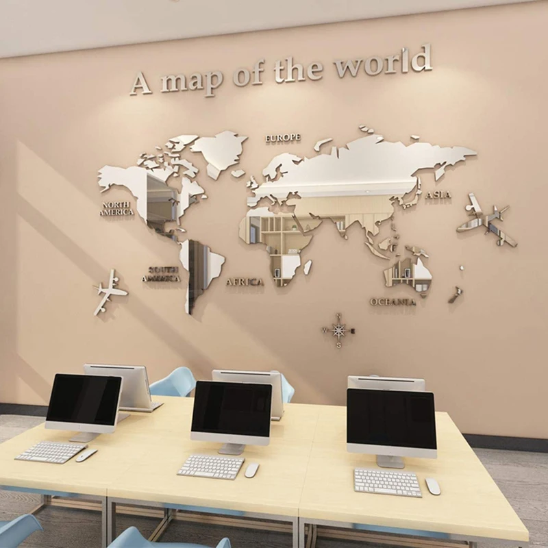 World Map Wall Stickers 3D Acrylic Mirror Sticker Three-Dimensional for Living Room Office Wallpaper Decoration-A28R