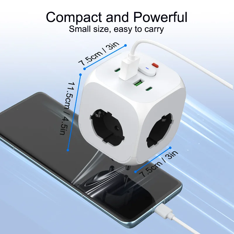 1 Enchufe múltiple europeo 7 en 1, protector contra sobretensiones con 3 tomas de CA, 2 puertos USB y 2 puertos tipo C, enchufe cúbico para el hogar
