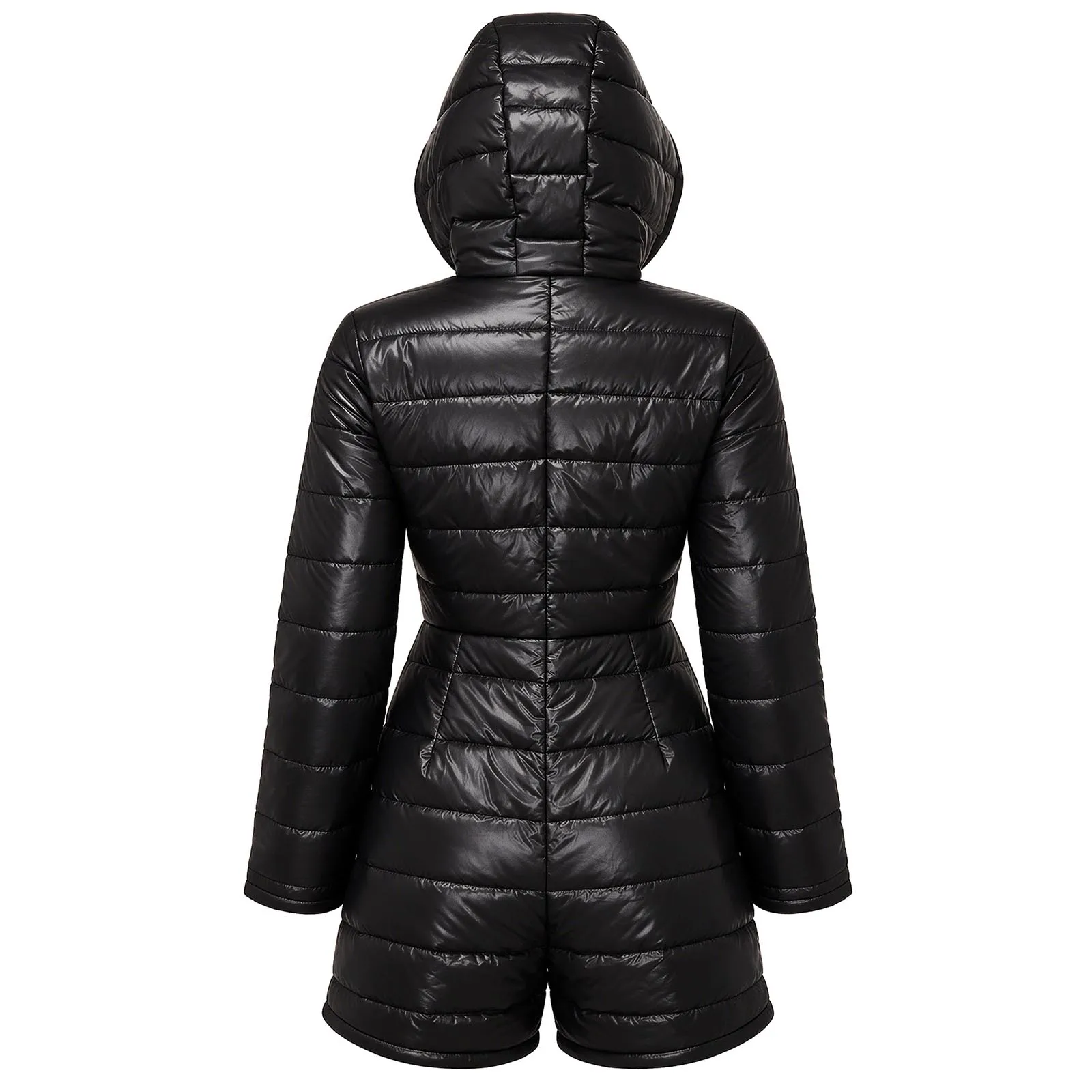 Women Skiing Bodysuit Water Resistant Padded Hooded Long Sleeve Zipper Front Thigh Length Jumpsuit with Pockets