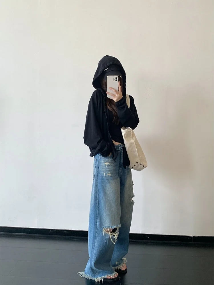 American Style High Waist Wide Leg Jeans Women's Summer New Vintage Fashionable Ripped Frayed Design Denim Pants
