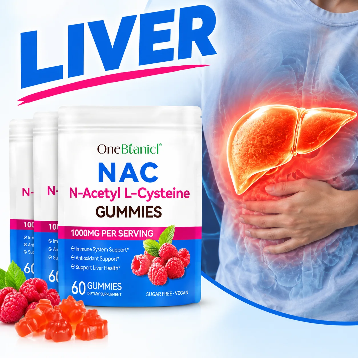 N-Acetyl L-Cysteine 1000mg Gummies Immune Liver Support Antioxidant Anti-Fatigue Growth Development Sugar Free Vegan 60 Gummies