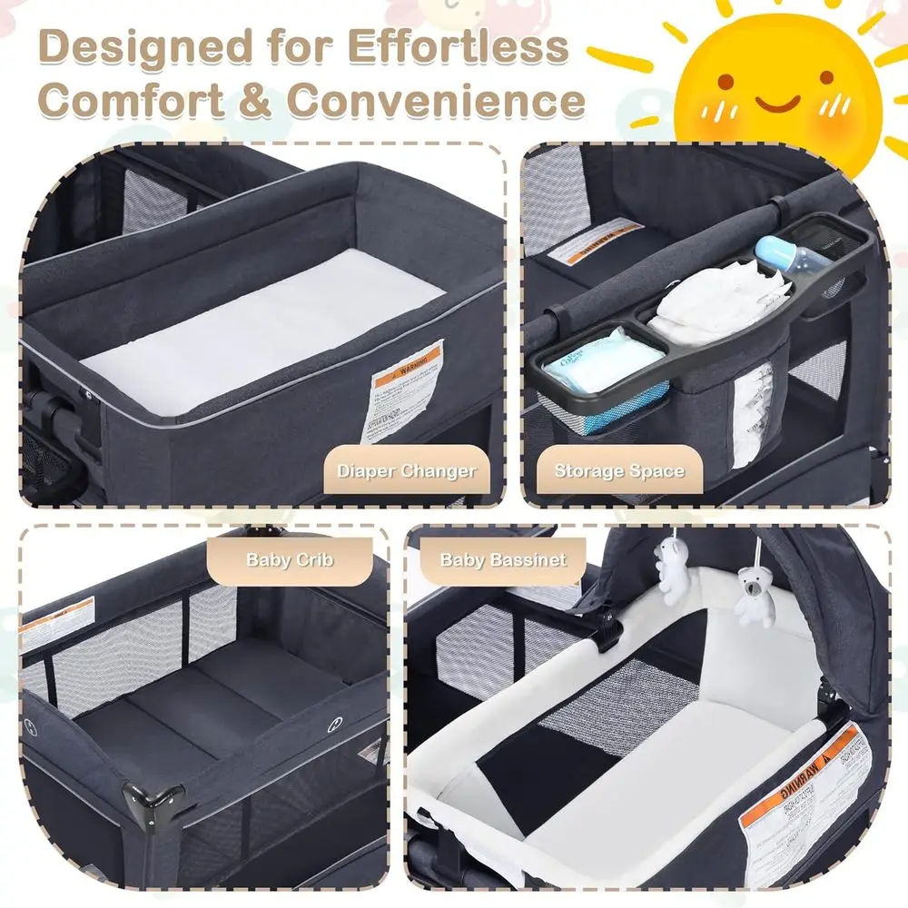 Alles-in-één opvouwbare speelplaats met commode en gaas voor baby's en peuters, grijs
