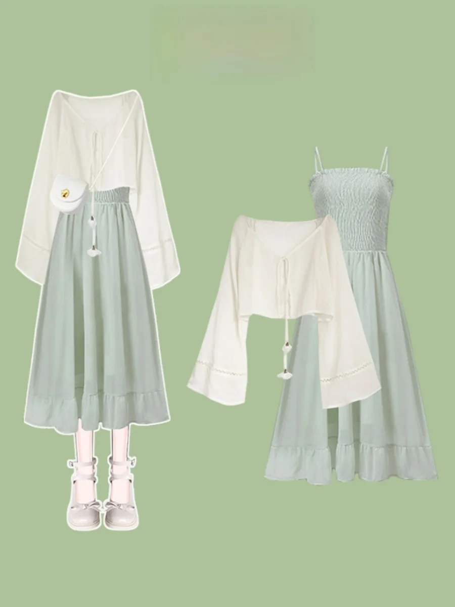 

Mint Wave Sle Slimming Strap Dr 2024 New Summer Women's Sweet Skirt Ele Quali Thin Belted Gown V Ne Button ...