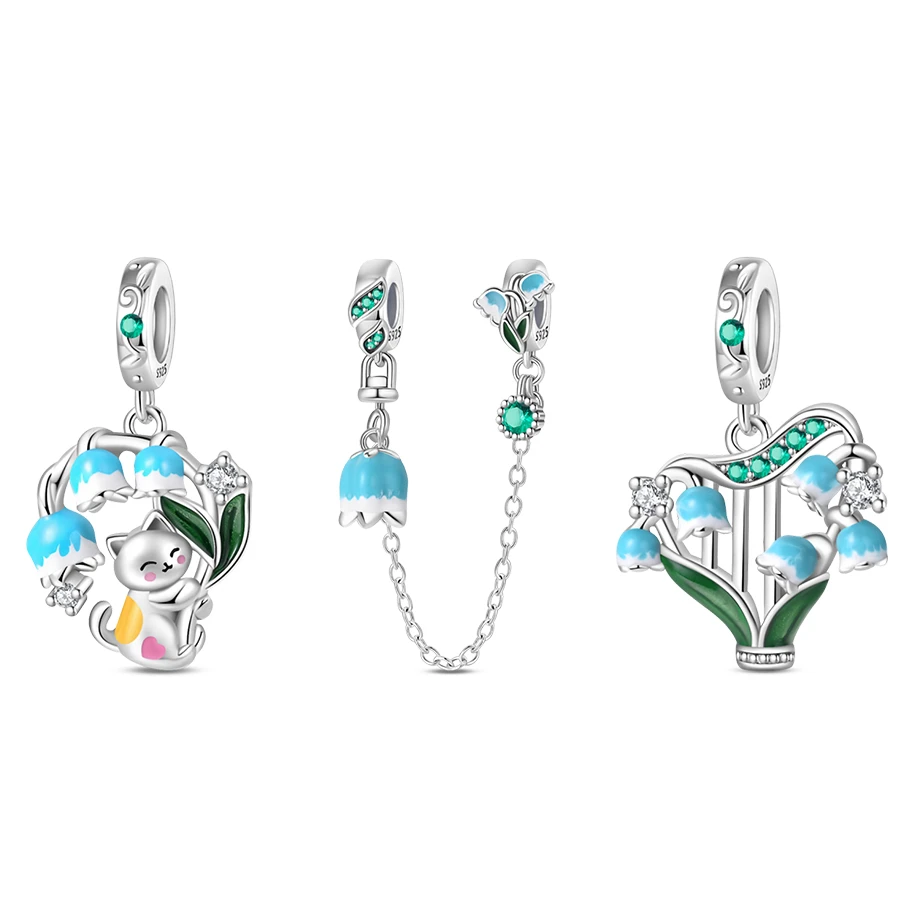 925 Silver Beads Classic Lily of the Valley Harp Pendant Cat Charms Fit Pandach 925 Original Bracelet Fine DIY Jewelry