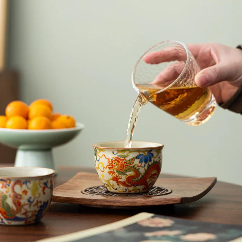 110ml Ru Kiln Chinese Dragon Phoenix Enamel Tea Cup, Retro Gift Set with Box, Master Ceramic Teaware