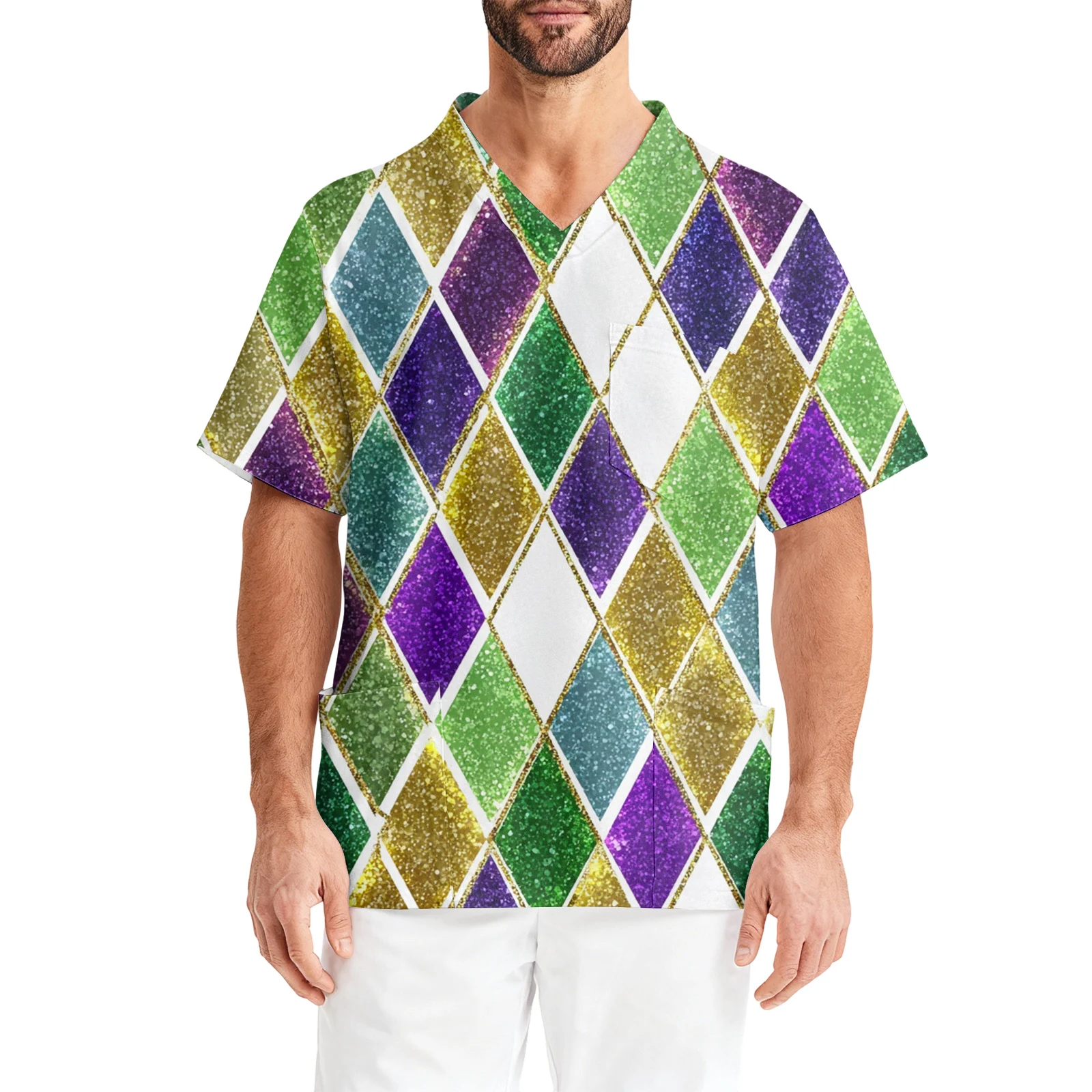 Uniforme d'infirmière à manches courtes et col en v, uniforme d'infirmière imprimé de carnaval, veste de soignant de poche, chemise à manches courtes pour hommes