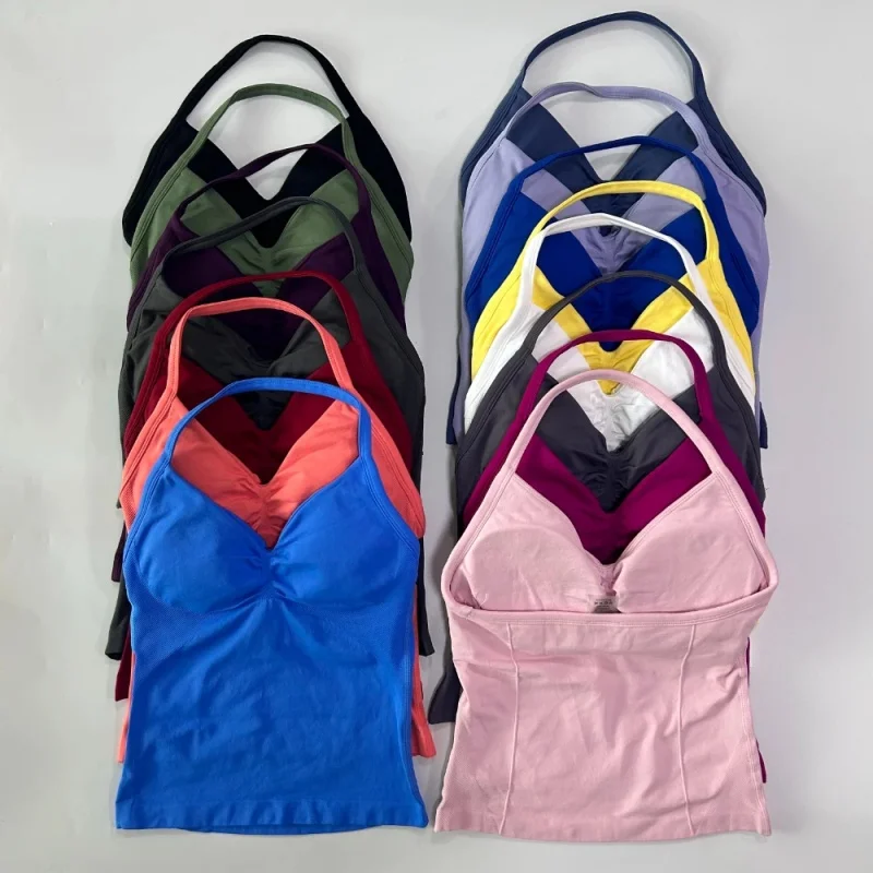 Women's Longline Strappy Seamless Yoga Tank Top with Built-in Bra Ruched Backless Sleeveless Gym Workout Shirt