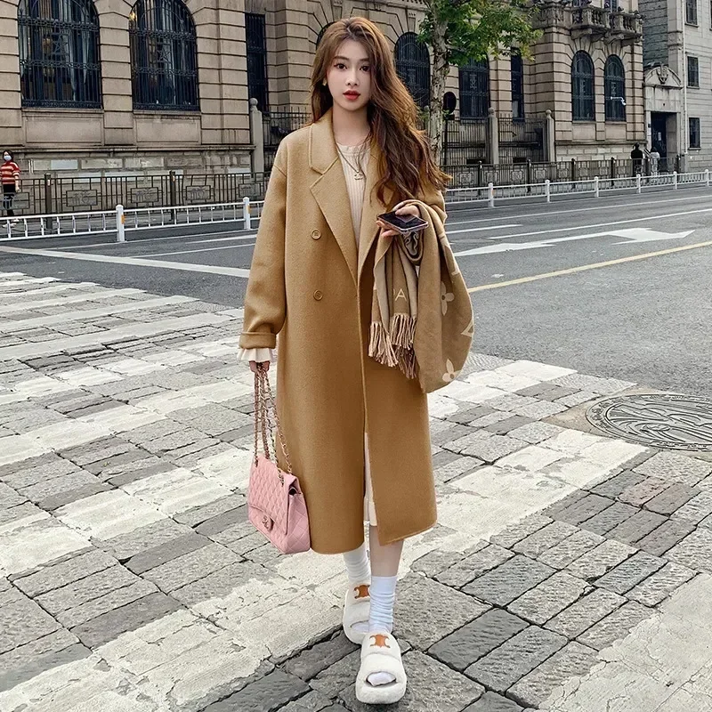 Pink Woolen Coat Women\'s Mid length 2023 Autumn/Winter New Korean Version Loose and Versatile Hepburn Style Small Woolen Coat